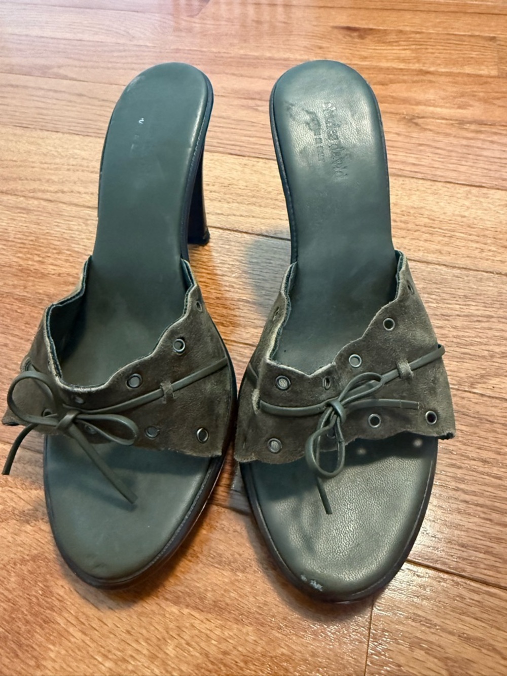 Charles David Olive Suede Open-Toe Heeled Mules with Eyelet Lace